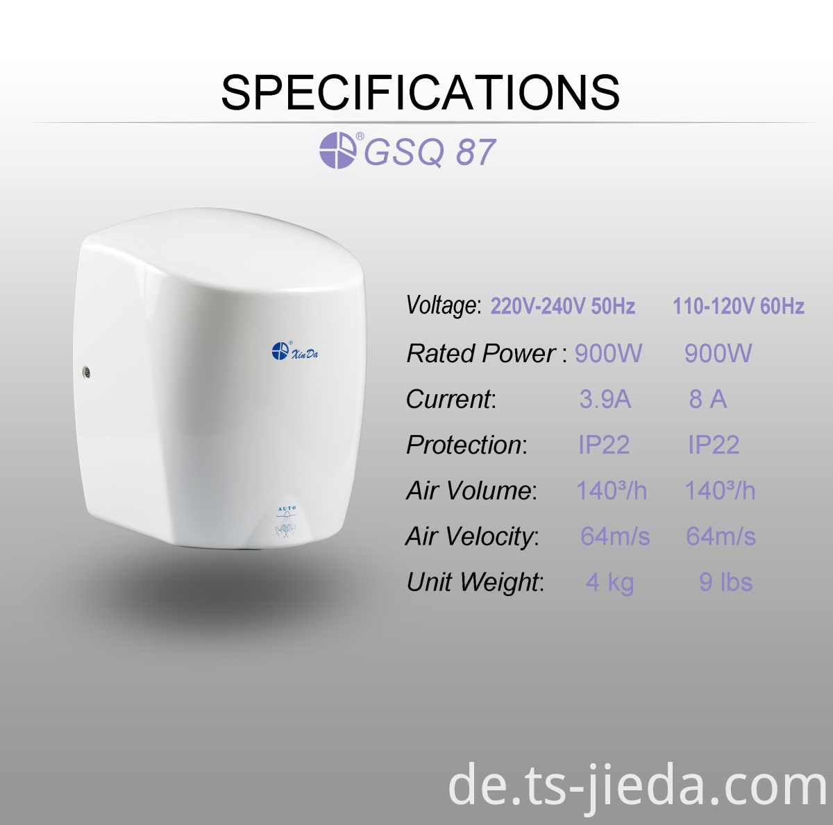 Zylindrischer Händetrockner mit Infrarotsensor Cylindrical hand dryer with infrared sensor